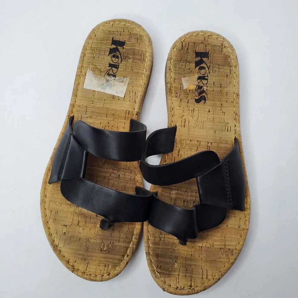 Korks Open Toe Double‎ Strap Slide Sandals Black Womens Size 6M Fast Shipping